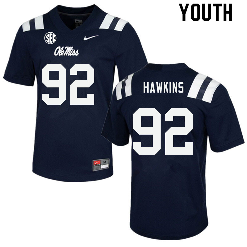 Youth #92 JJ Hawkins Ole Miss Rebels College Football Jerseys Sale-Navy